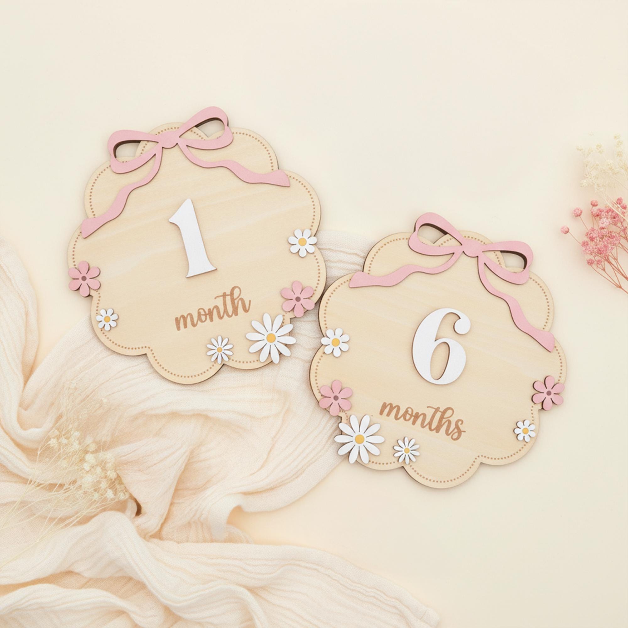 Floral Wooden Baby Milestone Sign with Numbers 1–12 Months