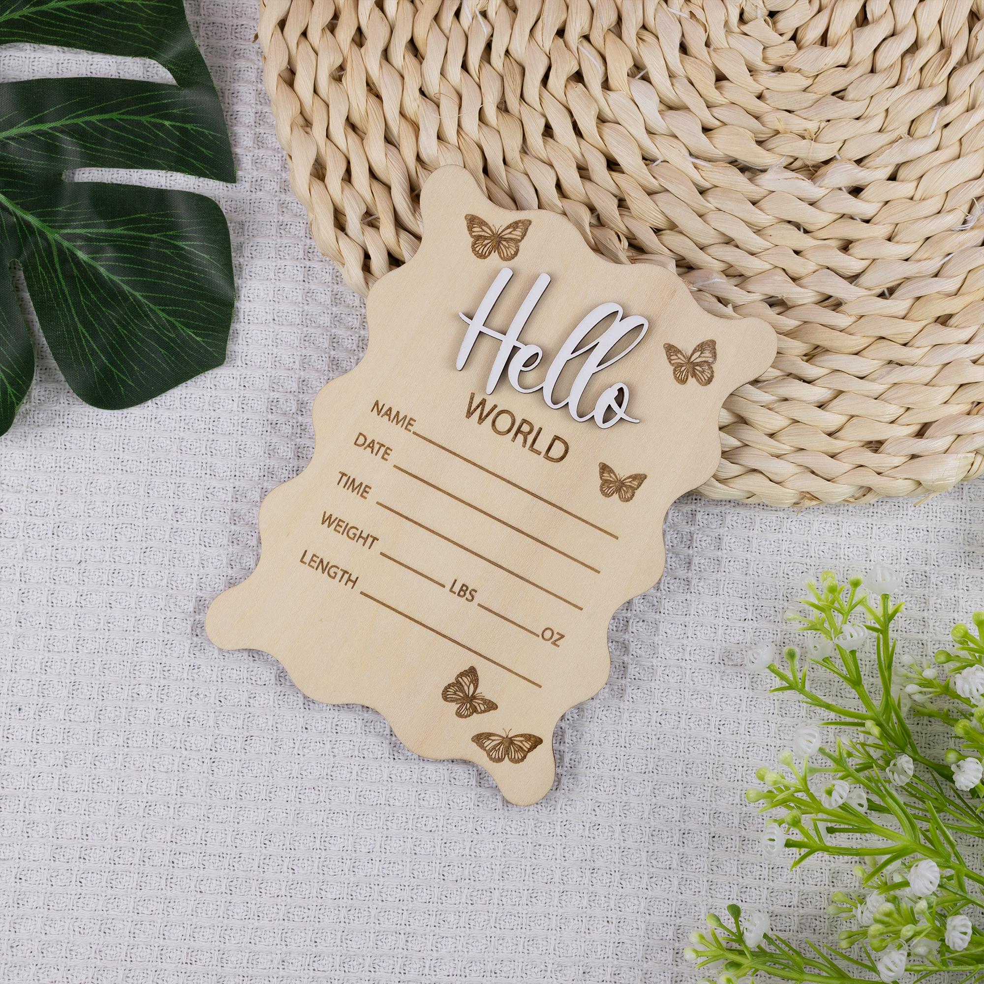 Hello World Sign, Baby Girl Name Sign, Scalloped Border Engraved Birth Announcement, Birth Stats Sign, Baby Keepsake, Birth Stat Sign