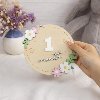 Wooden Baby Milestone Sign, Floral Monthly Milestone Card, Newborn Photo Prop,Baby Shower Gift For Girl,3D Monthly Milestone Discs,Baby Sign