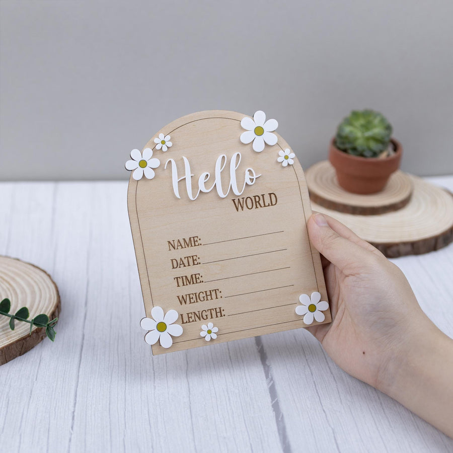 Daisy Flower Hello World Sign, Baby Birth Announcement, Arched Wooden Birth Announcement, Personalized Name Sign, Baby Birth Name
