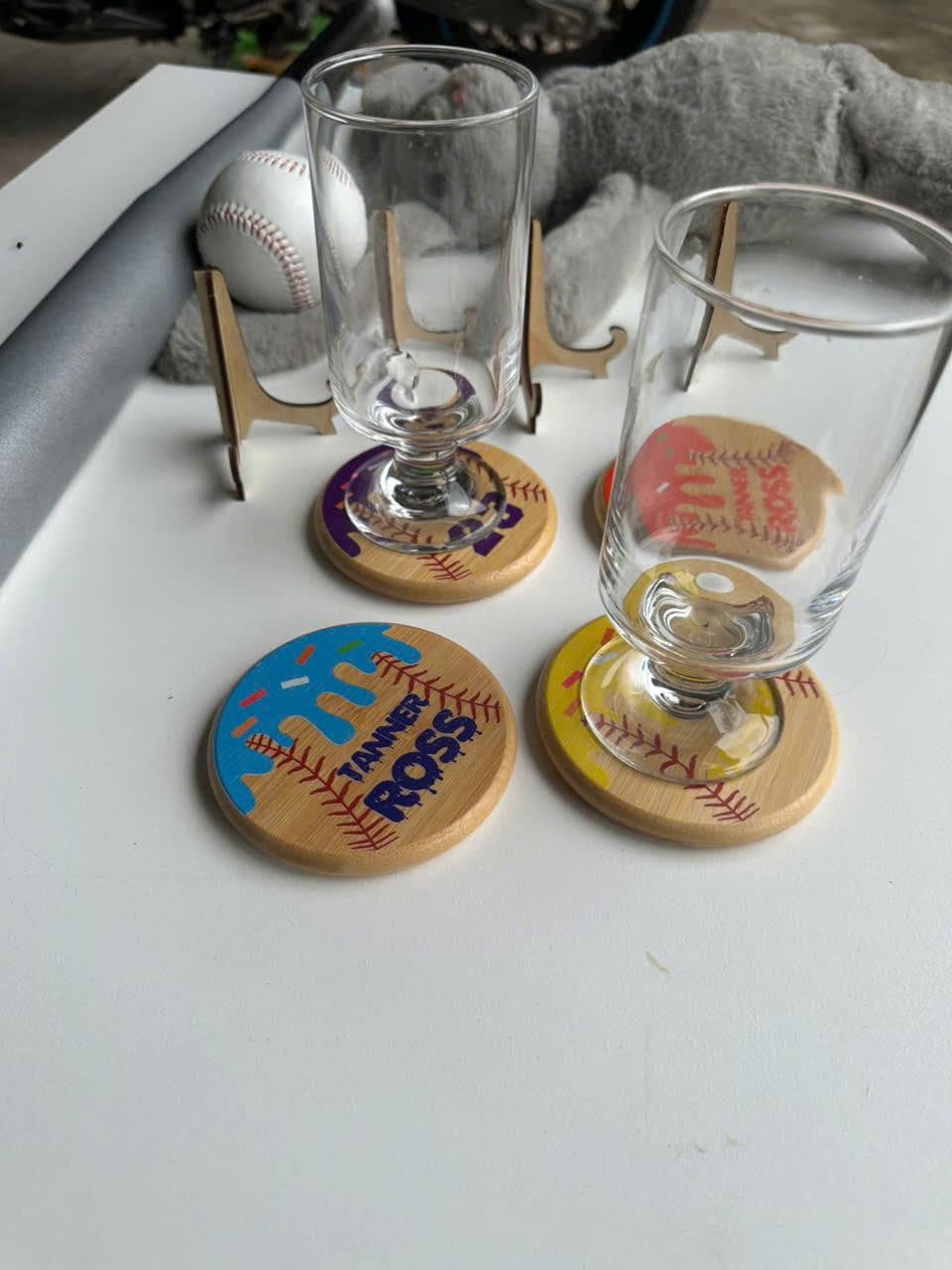 Personalized Baseball Bamboo Coaster: UV-Printed Drip Design