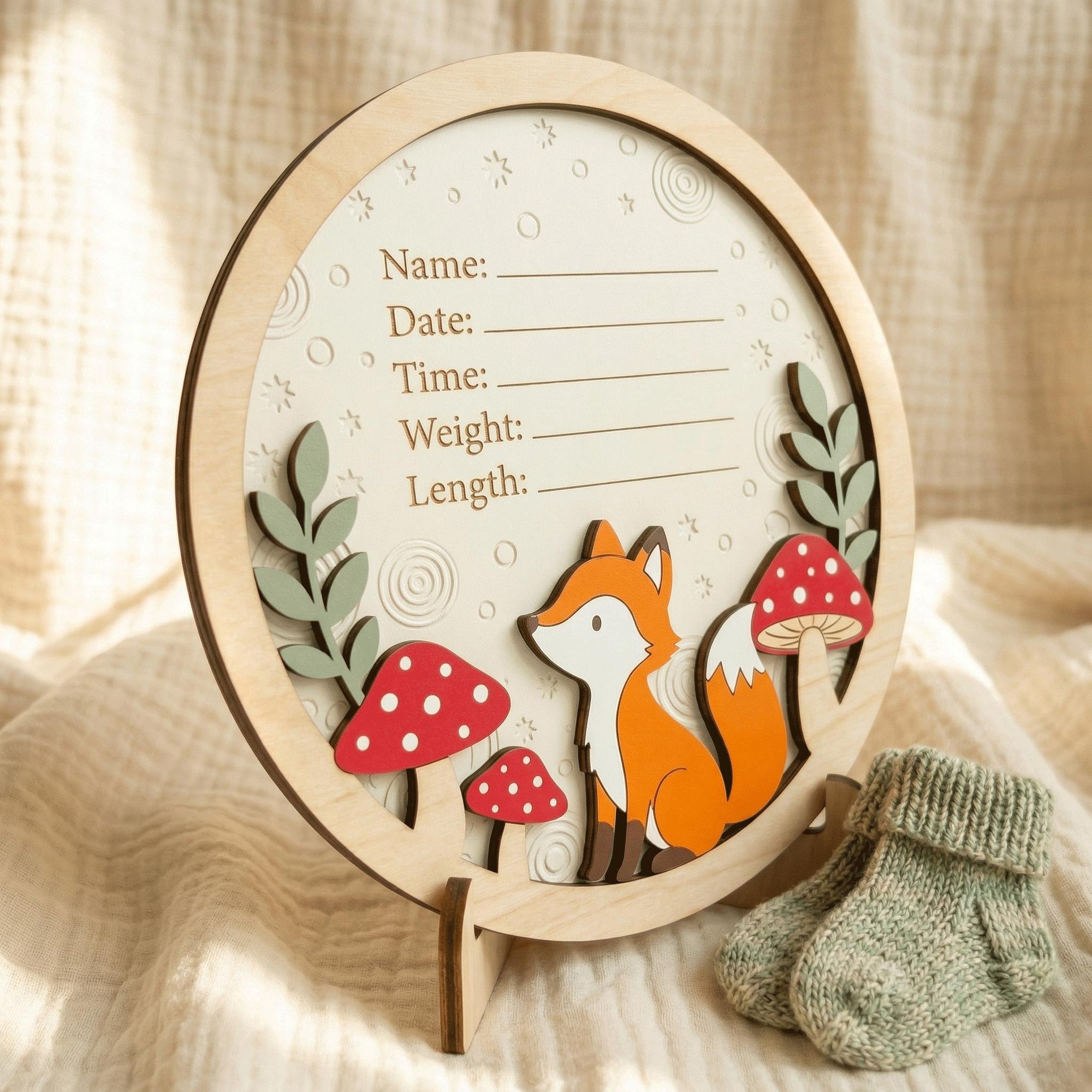 Woodland Fox Birth Stats Sign | Mushroom 3D Wooden Newborn Plaque | Custom Forest Baby Announcement | Neutral Nursery Decor
