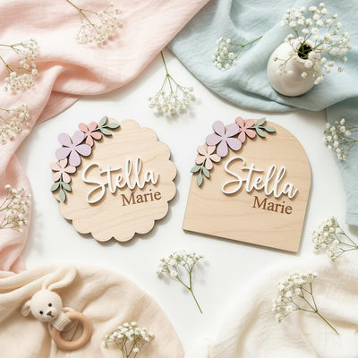 Pastel Floral Birth Stats Sign | Multi Style Arch or Scallop Wooden Plaque | 3D Name Baby Girl Announcement | Nursery Photo Prop