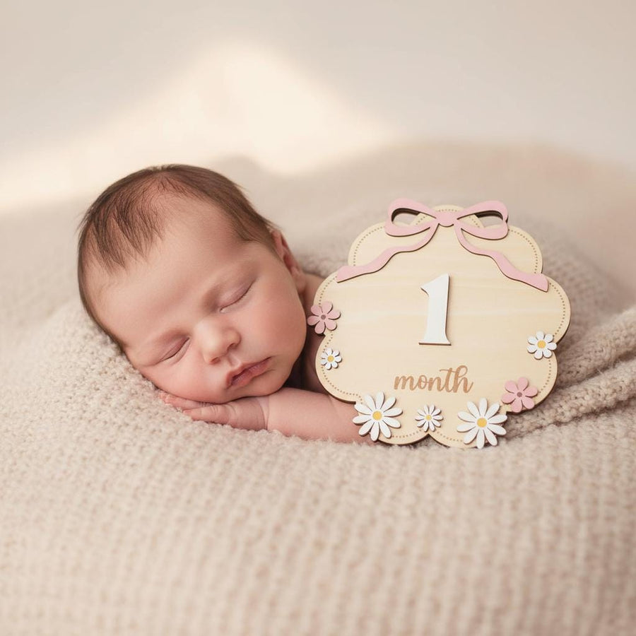 Floral Wooden Baby Milestone Sign with Numbers 1–12 Months