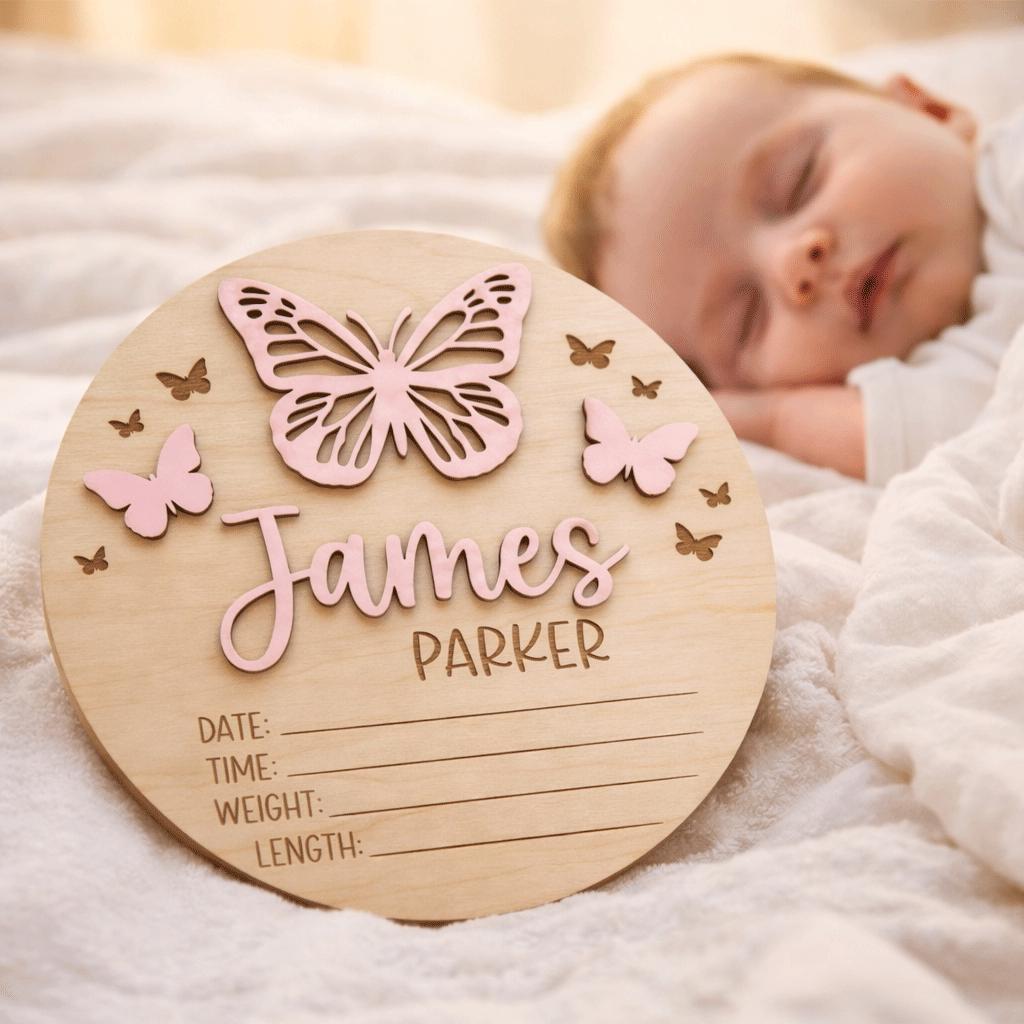 Baby Announcement Sign Set Personalized Wooden Baby Name Sign Butterfly Nursery Decor Birth Stats Sign Newborn Gift Set