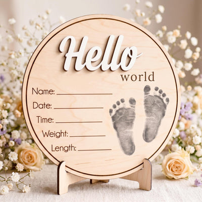 Printed Baby Footprint Sign | 3D Acrylic Hello World Wooden Plaque | Custom Newborn Birth Stats Announcement | Nursery Decor