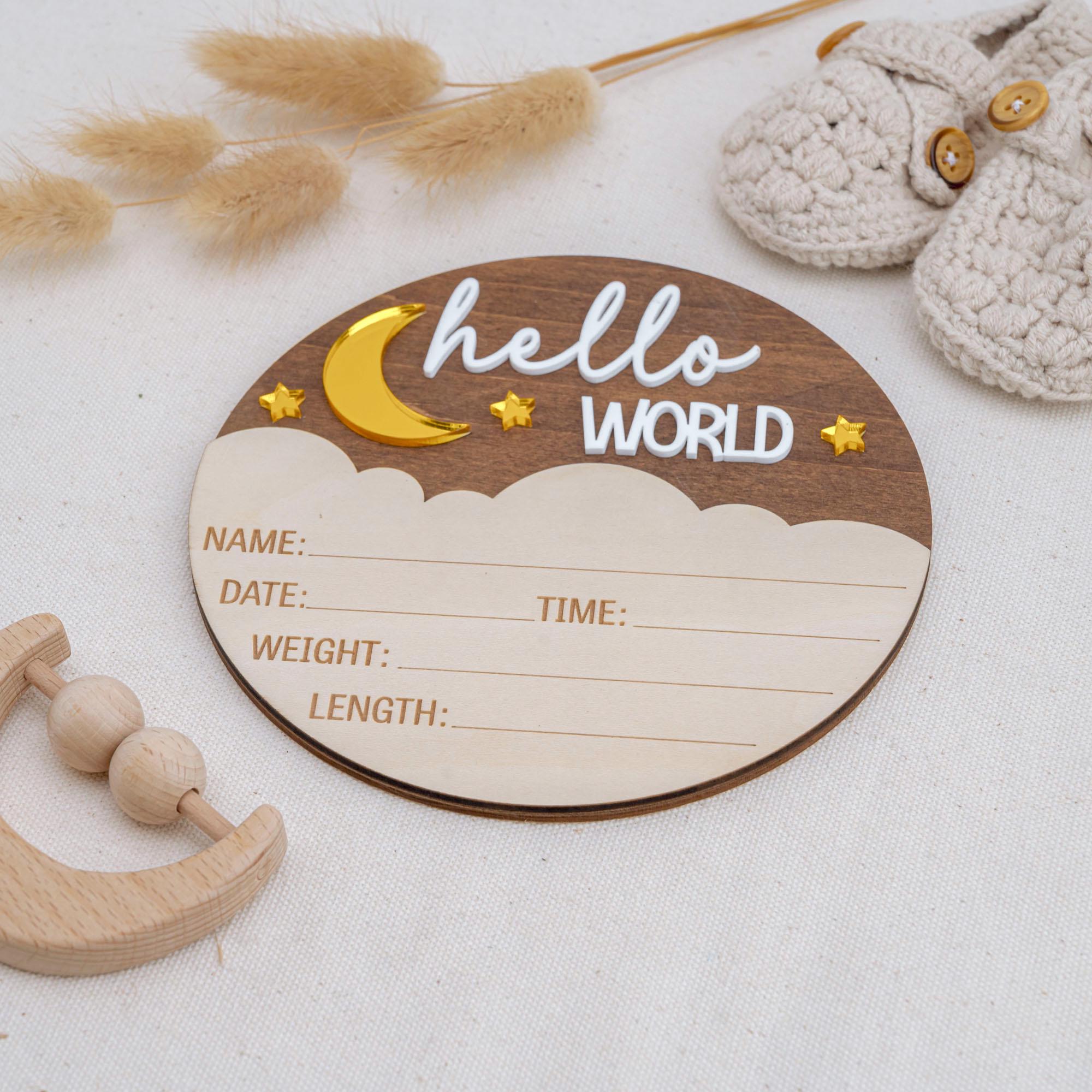 Personalized Hello World Sign, Wooden Birth Announcement Sign, Moon & Stars Baby Name Reveal, Baby Birth Stats Sign, Nursery Space Theme