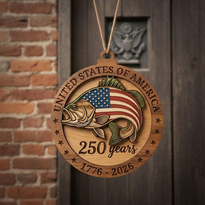 250th Anniversary Bass Fishing Ornament, US Semiquincentennial Gift for Fisherman, 1776-2026 Patriotic Fish Wood Keepsake Decor