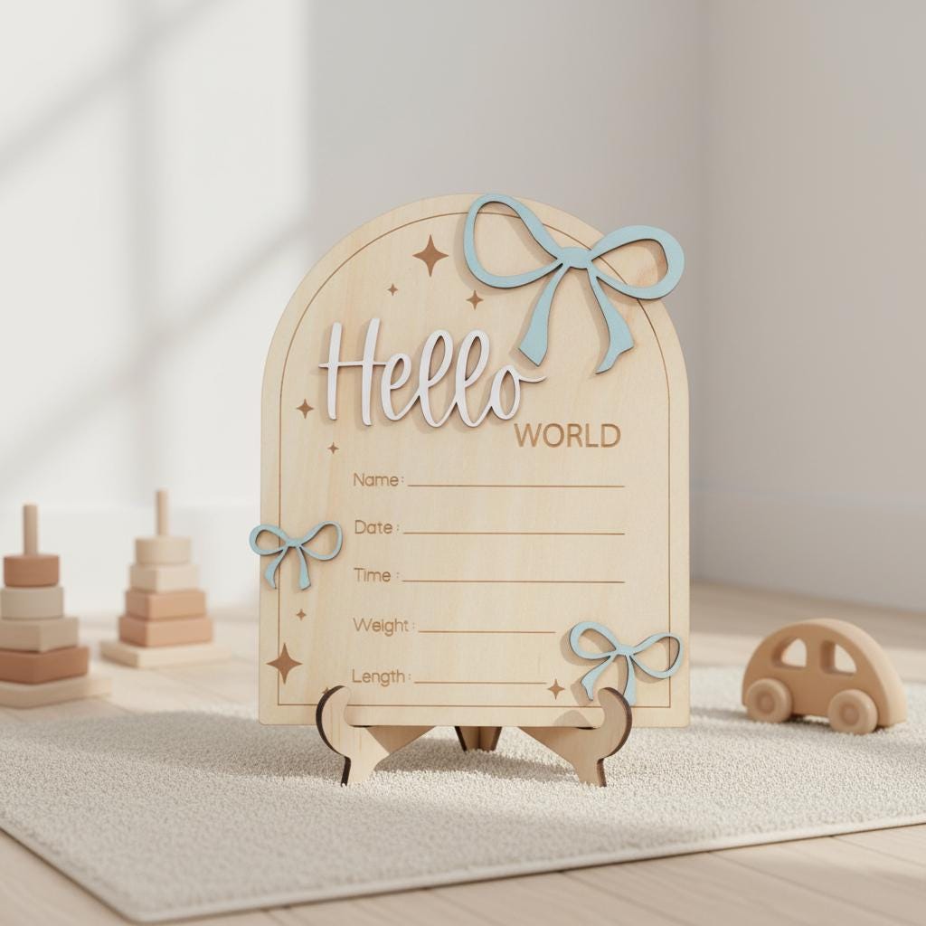 Hello World Wooden Birth Announcement Sign for Newborn Baby Photos