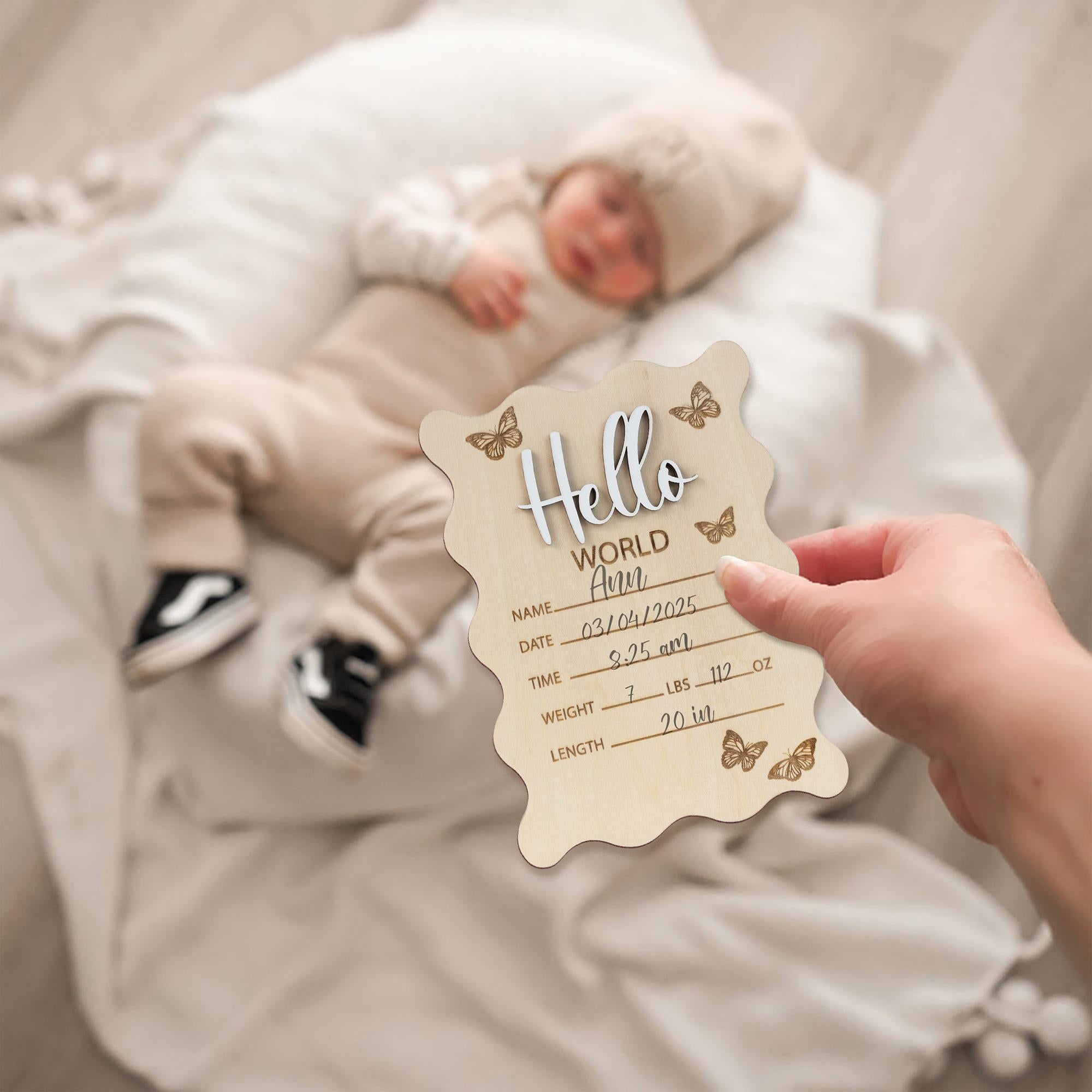 Hello World Sign, Baby Girl Name Sign, Scalloped Border Engraved Birth Announcement, Birth Stats Sign, Baby Keepsake, Birth Stat Sign