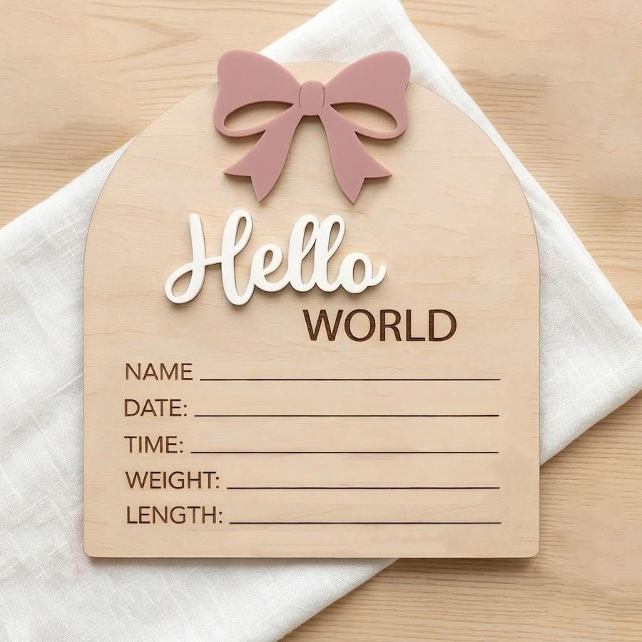 Coquette Pink Bow Birth Sign | 3D Arch Wooden Plaque | Acrylic Hello World Announcement | Whimsical Girl Nursery Prop | Baby Shower Gift
