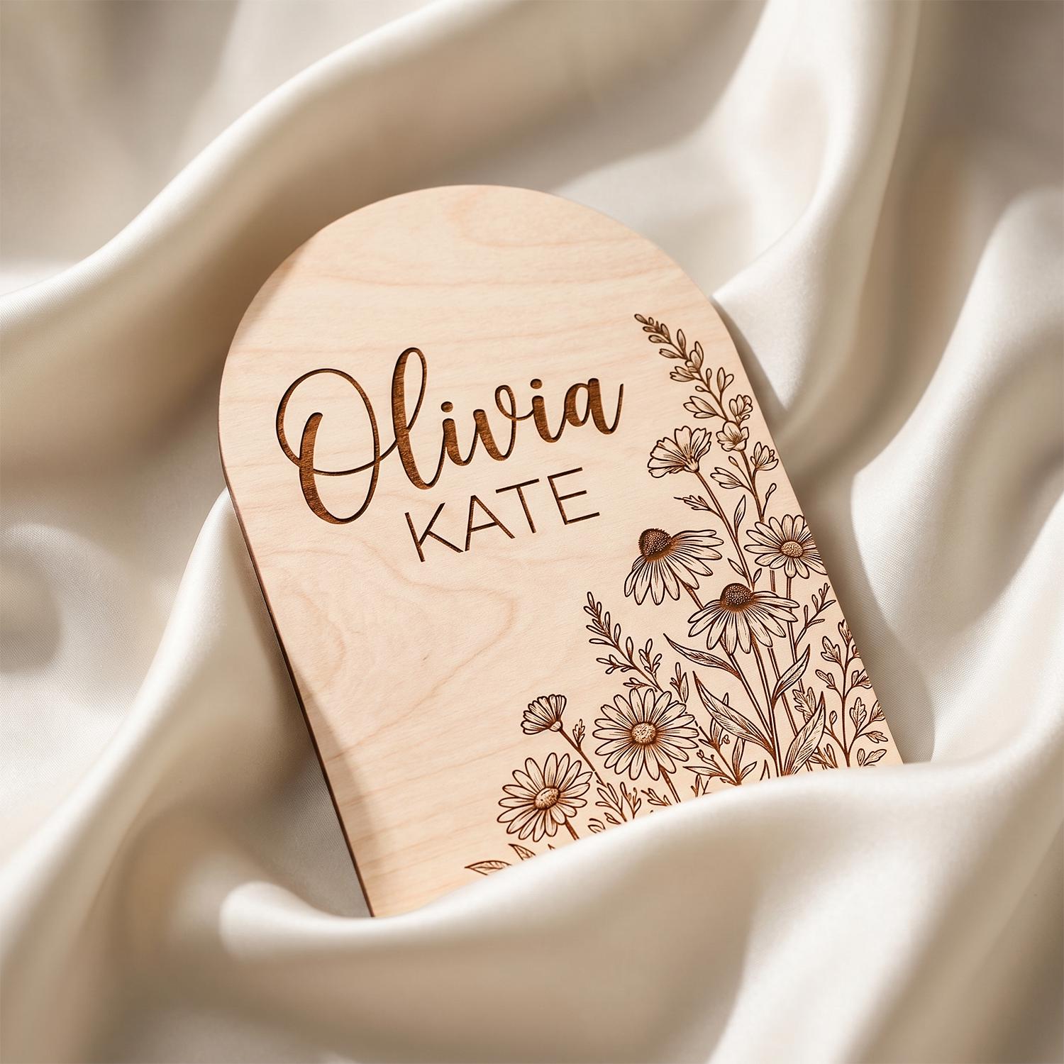 Wildflower Arch Wooden Sign | Full Set Birth Stats Plaque | 2 Piece Baby Name Announcement | Custom Floral Nursery Decor