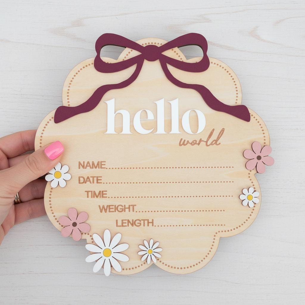 Berry Hello World Wooden Baby Birth Stats Sign Newborn Keepsake
