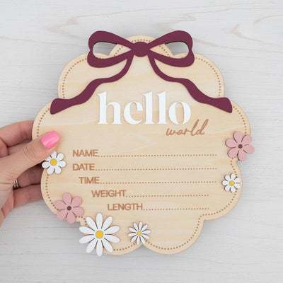 Berry Hello World Wooden Baby Birth Stats Sign Newborn Keepsake