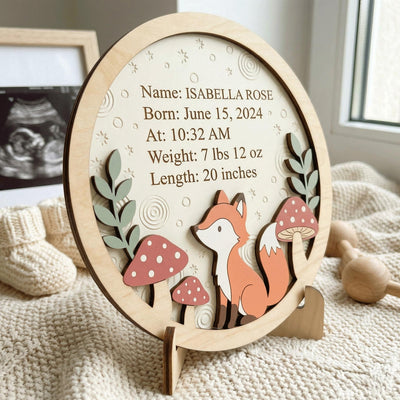 Woodland Fox Birth Stats Sign | Mushroom 3D Wooden Newborn Plaque | Custom Forest Baby Announcement | Neutral Nursery Decor