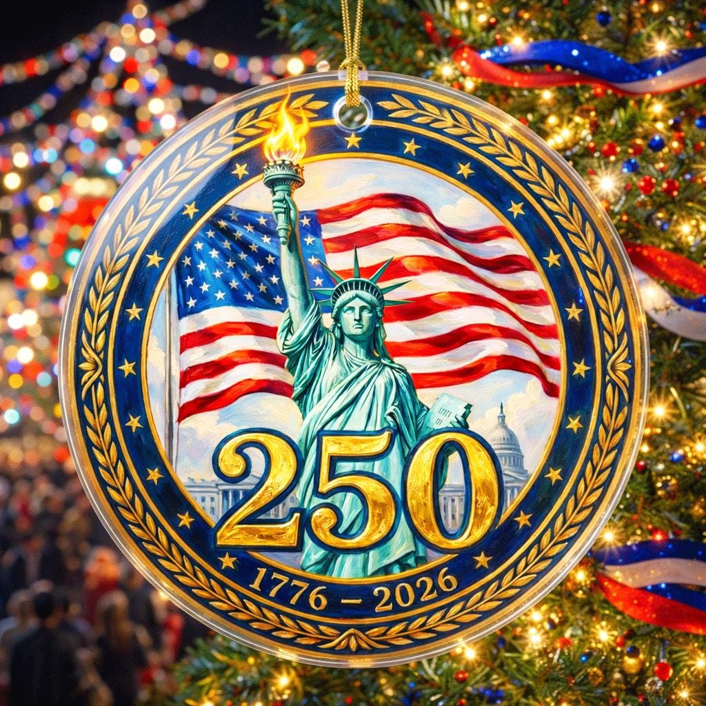 Lady Liberty 250th Ornament, Semiquincentennial Gold Laurel Gift, 1776-2026 USA Milestone Decor, America 250th Anniversary