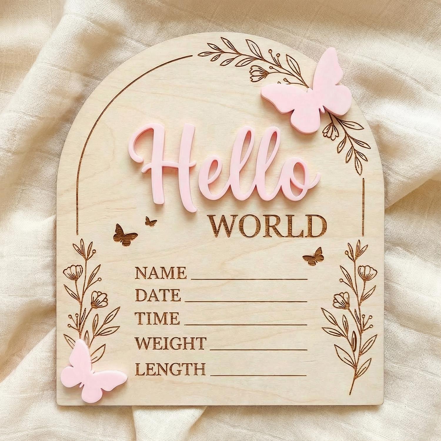 Pink Butterfly Birth Stats Sign | 3D Acrylic Wooden Newborn Plaque | Custom Baby Girl Announcement | Floral Arch Nursery Prop