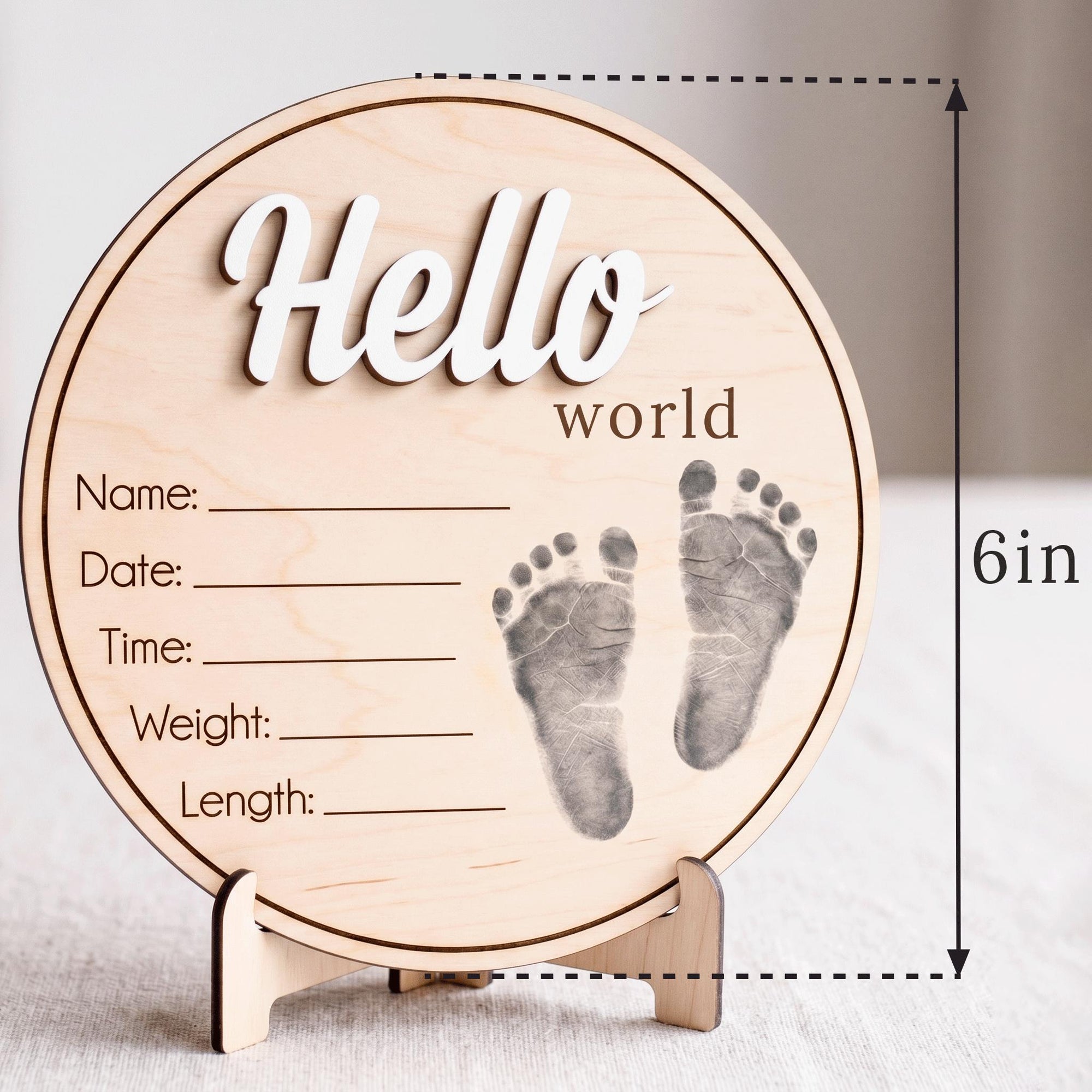 Printed Baby Footprint Sign | 3D Acrylic Hello World Wooden Plaque | Custom Newborn Birth Stats Announcement | Nursery Decor