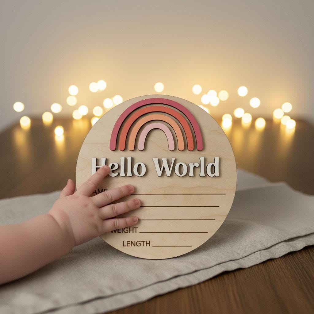 Boho Rainbow Birth Stats Sign | Rainbow Baby Wooden Plaque | 3D Acrylic Hello World Announcement | Floral Girl Nursery Decor