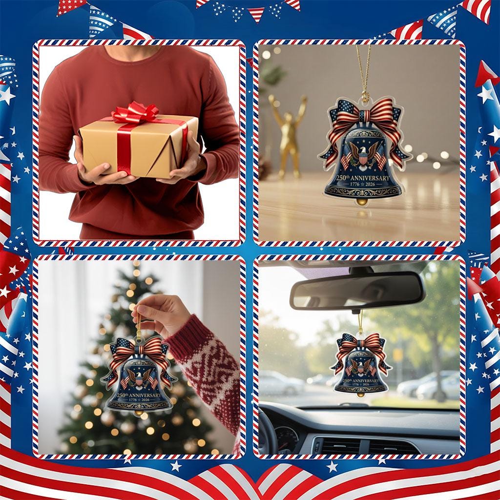 Semiquincentennial Gift 2026 USA 250th Anniversary Ornament Navy Blue Liberty Bell Patriotic Eagle Decor American Flag Bow