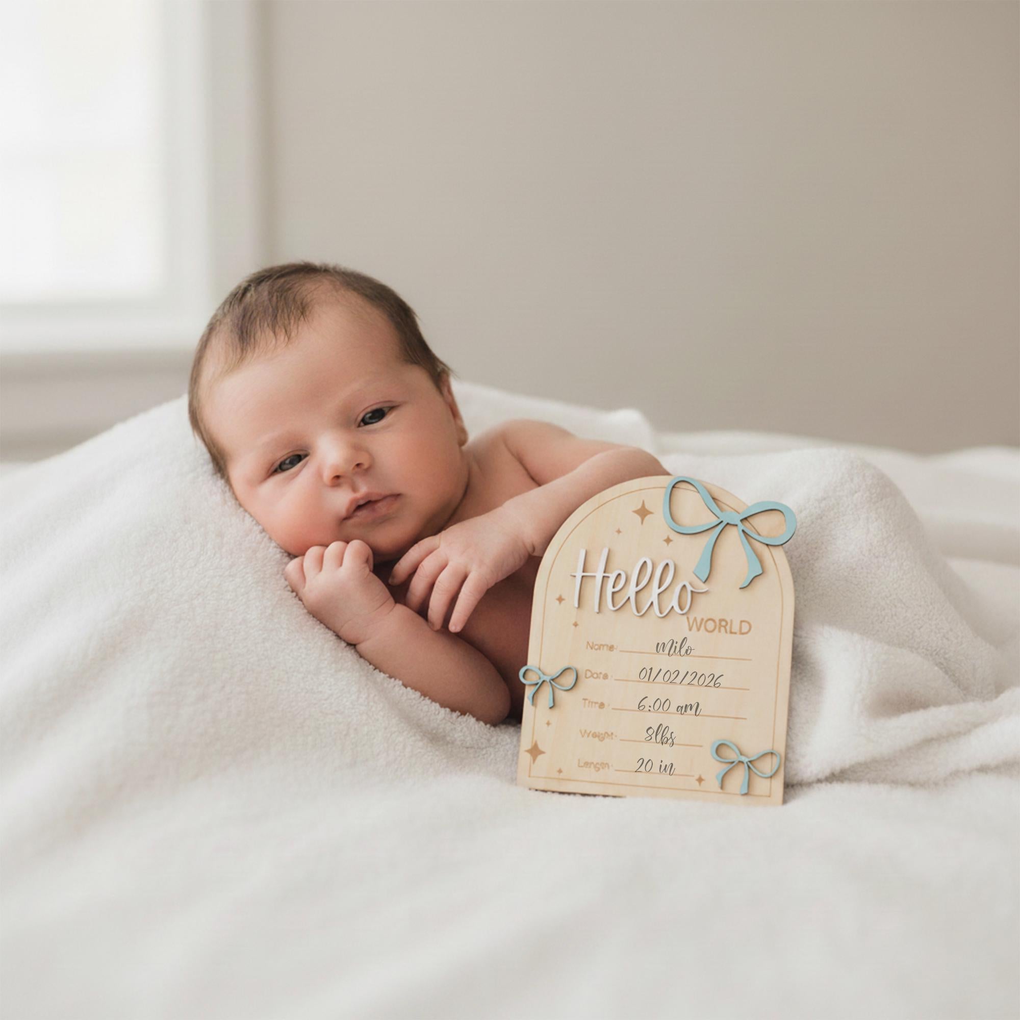 Hello World Wooden Birth Announcement Sign for Newborn Baby Photos