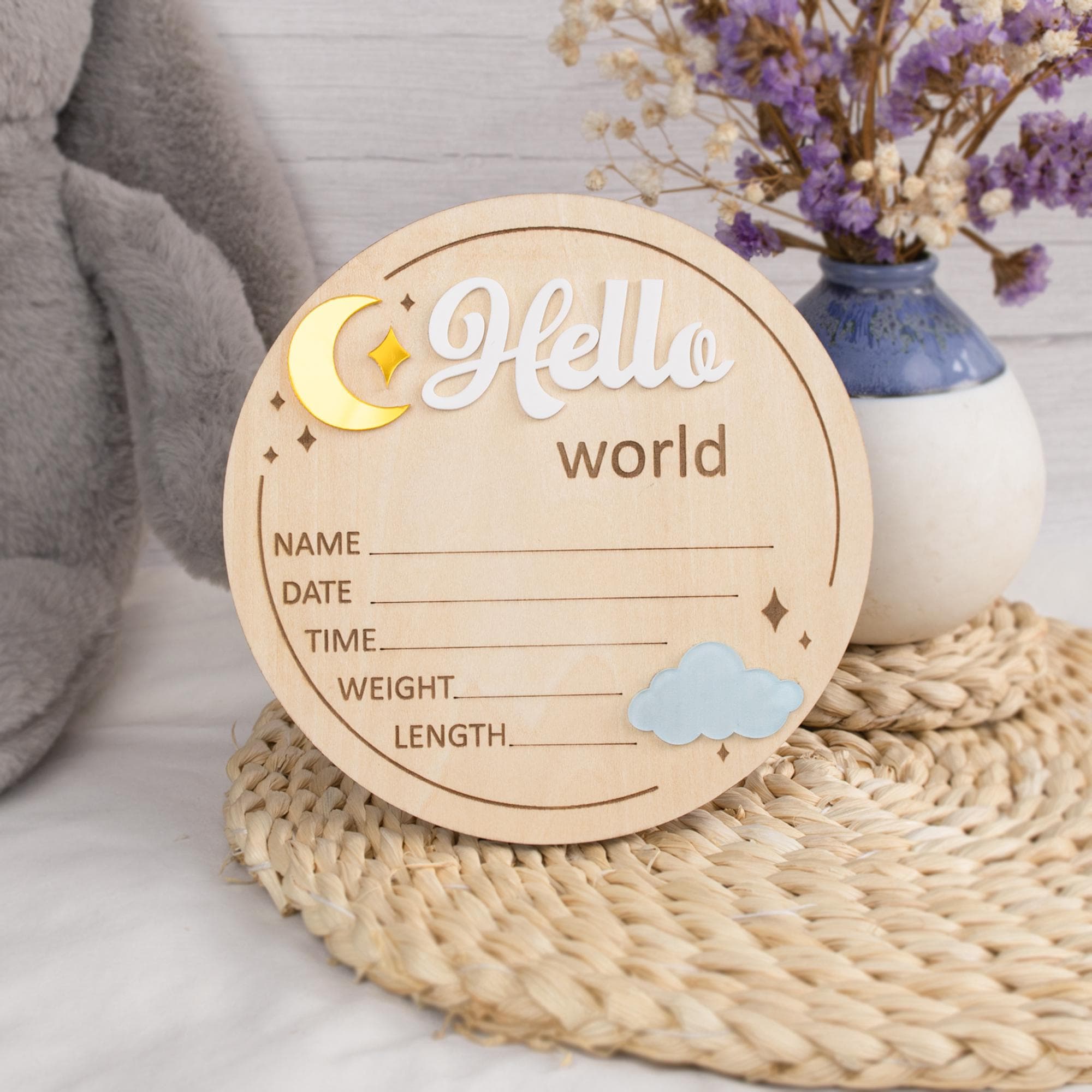 Hello World Birth Announcement Sign, Wooden Baby Name Reveal Sign, Sign For Baby Shower, Acrylic Moon and Cloud Newborn Photo Prop,Baby Sign