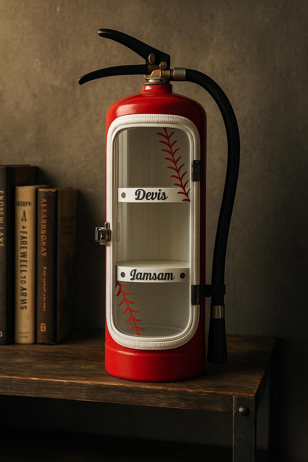 Personalized Repurposed Fire Extinguisher Baseball Display Case, Personalized Memorabilia Shelf