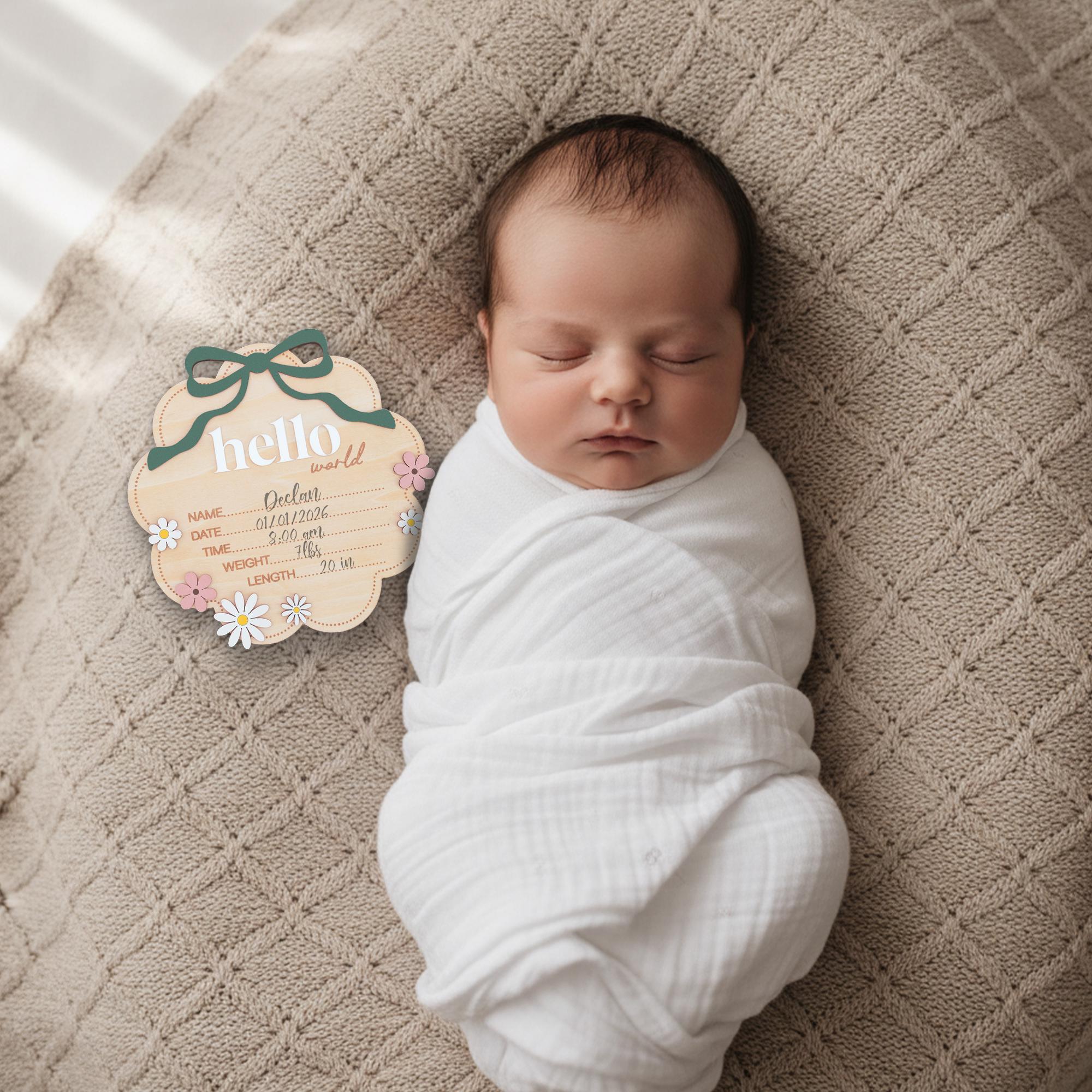 Sage Hello World Wooden Baby Birth Announcement Sign Nursery Decor
