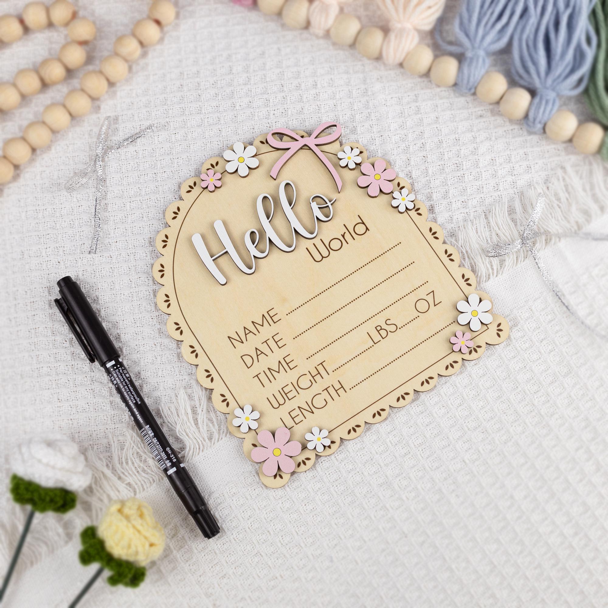 Hello World Birth Announcement Sign, Daisy Baby Sign, Floral Baby Name Sign, Wooden Newborn Photo Prop, Baby Shower Gift, Nursery Decor