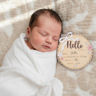 Newborn Hello World Sign Wooden Baby Birth Details Photo Prop