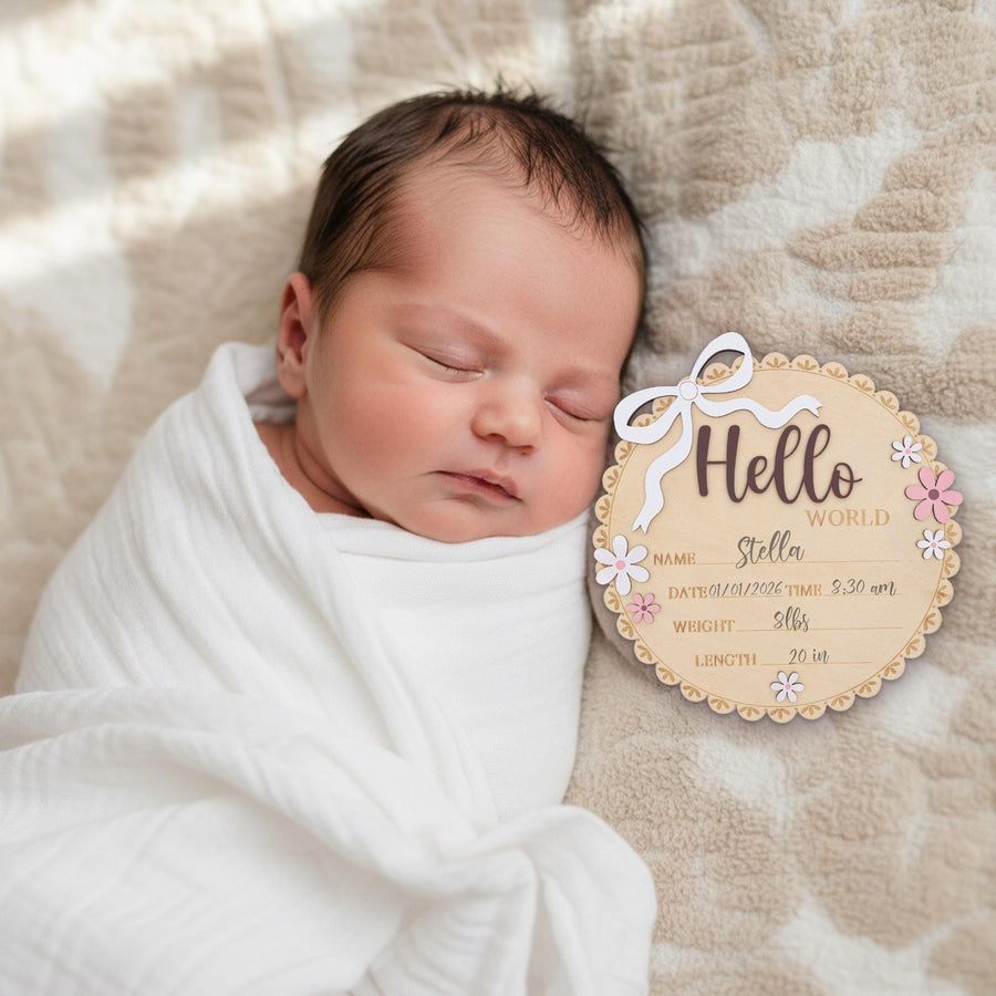Newborn Hello World Sign Wooden Baby Birth Details Photo Prop
