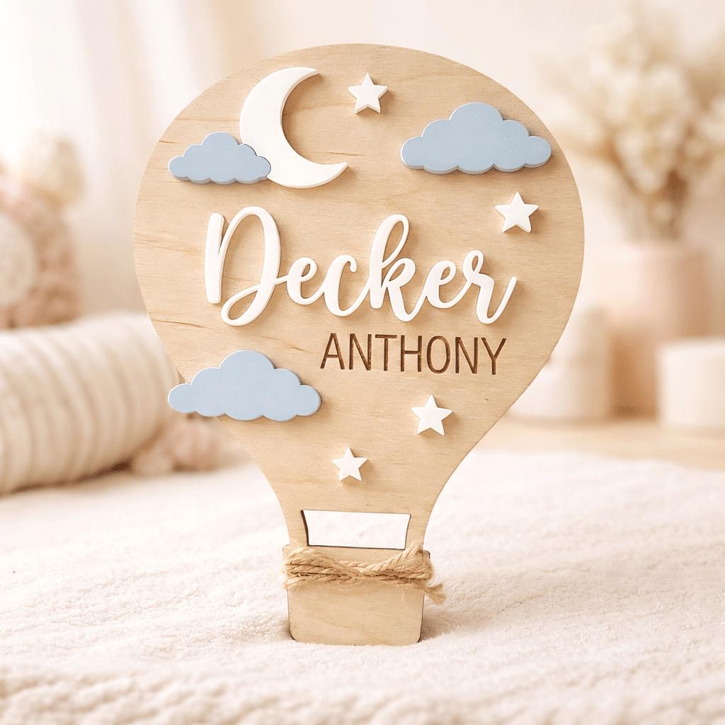 Hot Air Balloon Name Sign | Blue Pink Clouds Baby Plaque | 3D Moon Stars Wooden Letters | Whimsical Nursery Wall Decor Custom