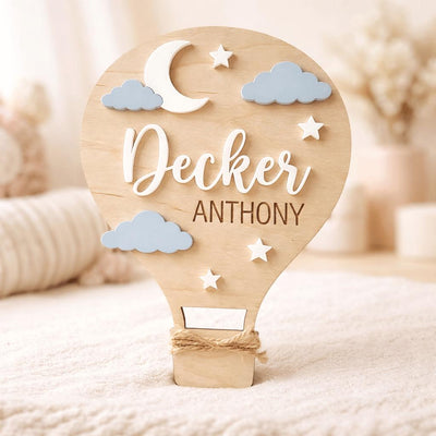 Hot Air Balloon Name Sign | Blue Pink Clouds Baby Plaque | 3D Moon Stars Wooden Letters | Whimsical Nursery Wall Decor Custom