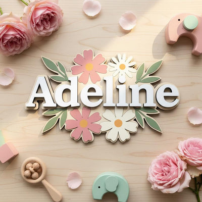 Personalized Baby Name Sign, Wooden Floral Nursery Name Plaque, Custom Baby Girl Room Decor, Flower Nursery Wall Decor