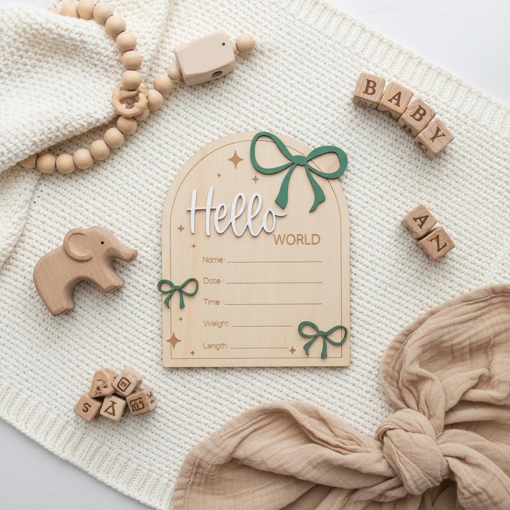 Hello World Wooden Baby Birth Announcement Sign with Name and Stats