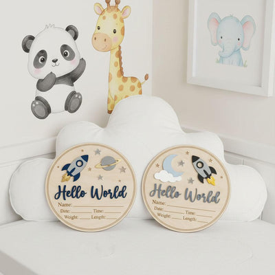 Blue Rocket Birth Stats Sign for Hospital | Round Wooden Newborn Name Plaque | Custom Baby Boy Announcement | Space Nursery Decor