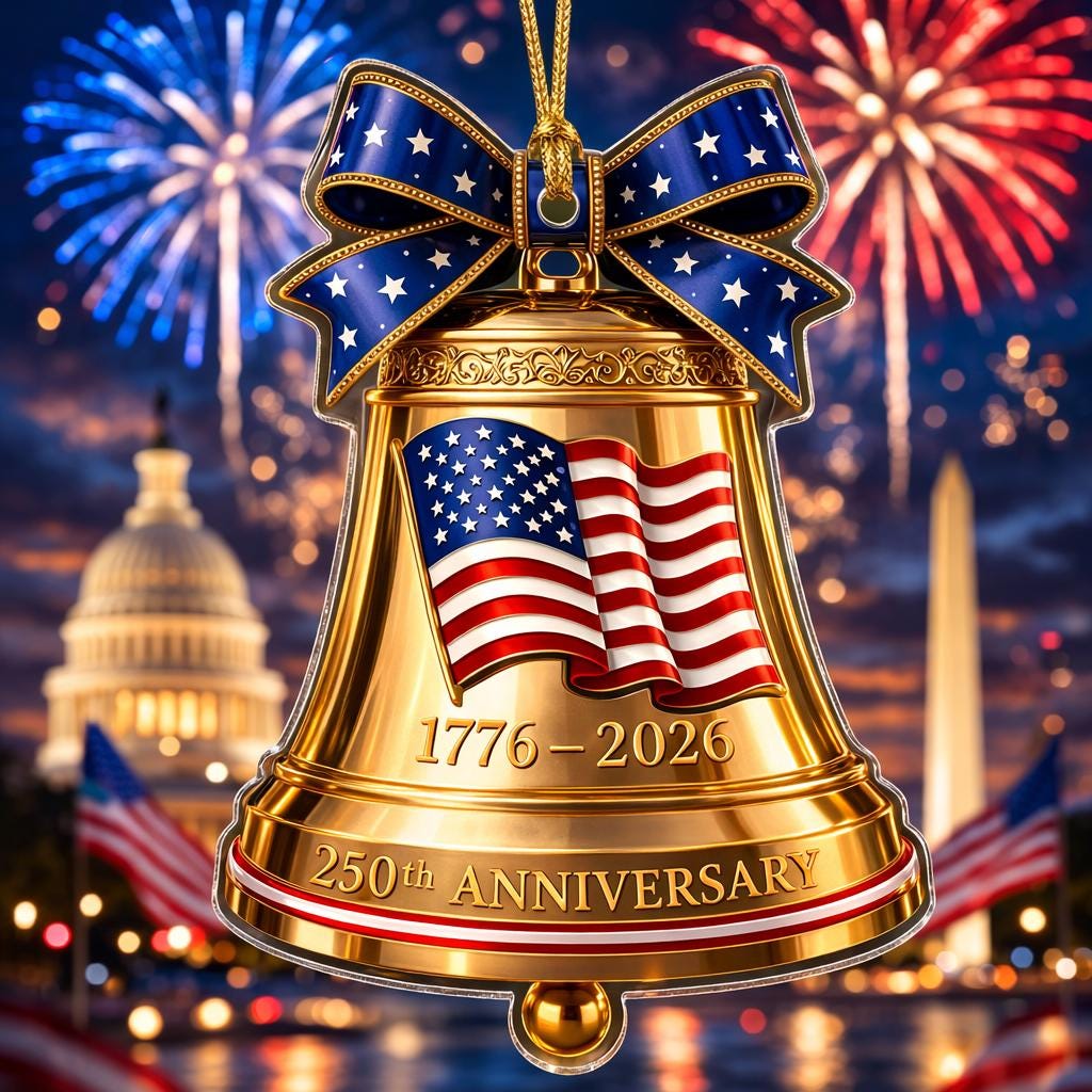 USA 250th Anniversary Golden Bell Ornament, 1776-2026 Liberty Bell Keepsake, Patriotic American Flag Gift, Luxury Holiday Decor