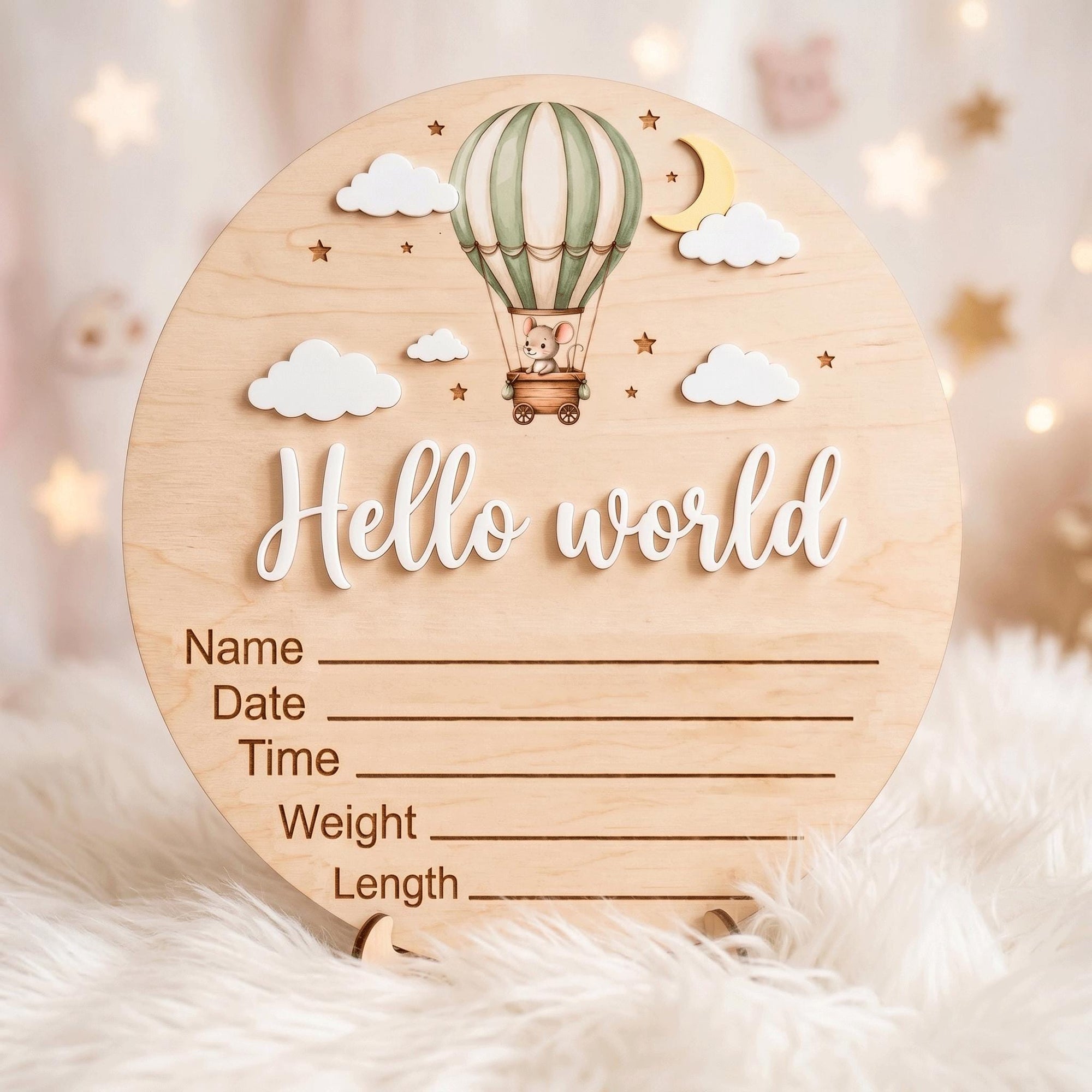 Hot Air Balloon Birth Stats Sign | 3D Mouse Wooden Baby Plaque | Acrylic Hello World Announcement | Neutral Adventure Prop
