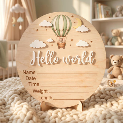 Hot Air Balloon Birth Stats Sign | 3D Mouse Wooden Baby Plaque | Acrylic Hello World Announcement | Neutral Adventure Prop