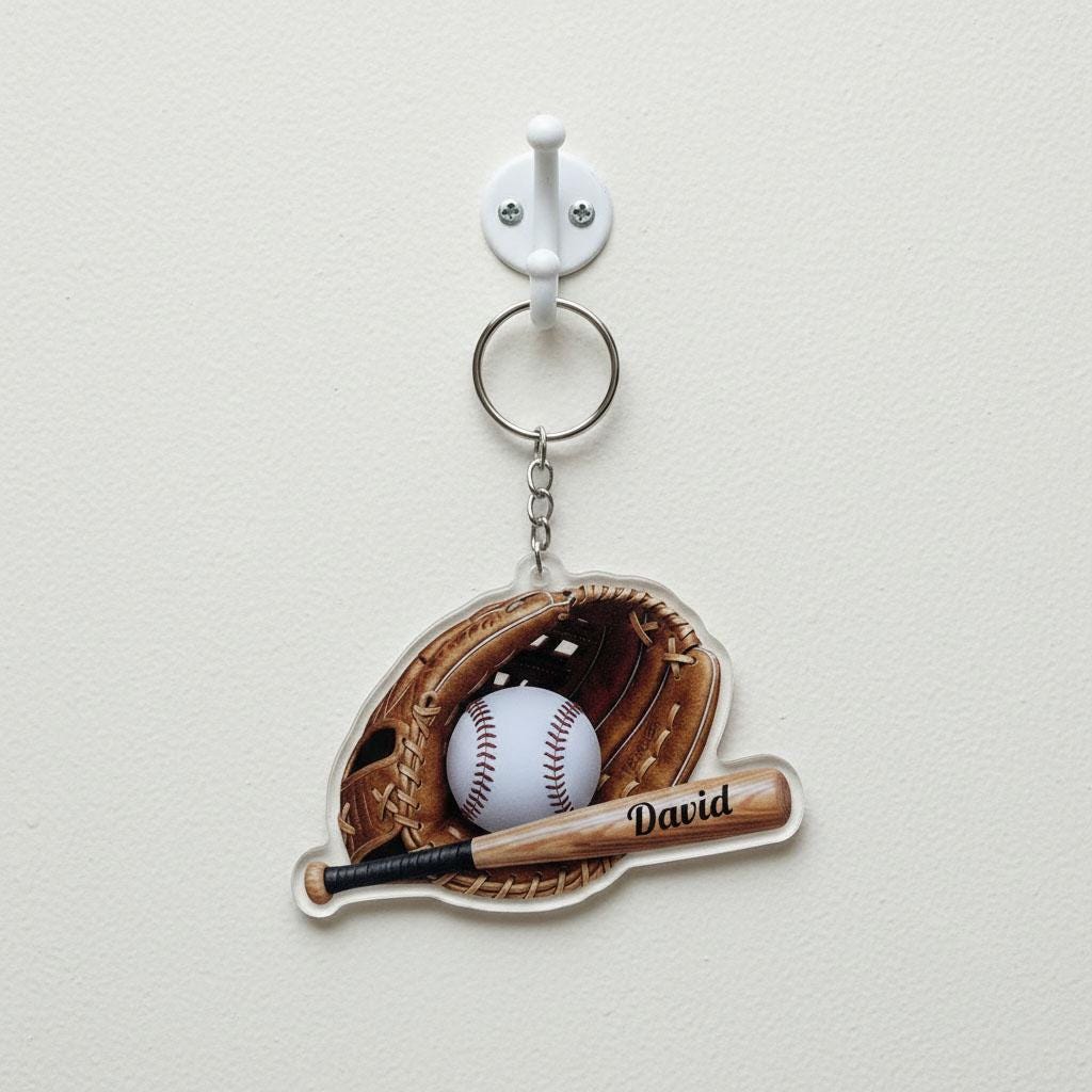 Personalized Baseball Keychain Custom Name, Baseball Glove Bat Keychain, Acrylic Baseball Player Gift, Little League Gift