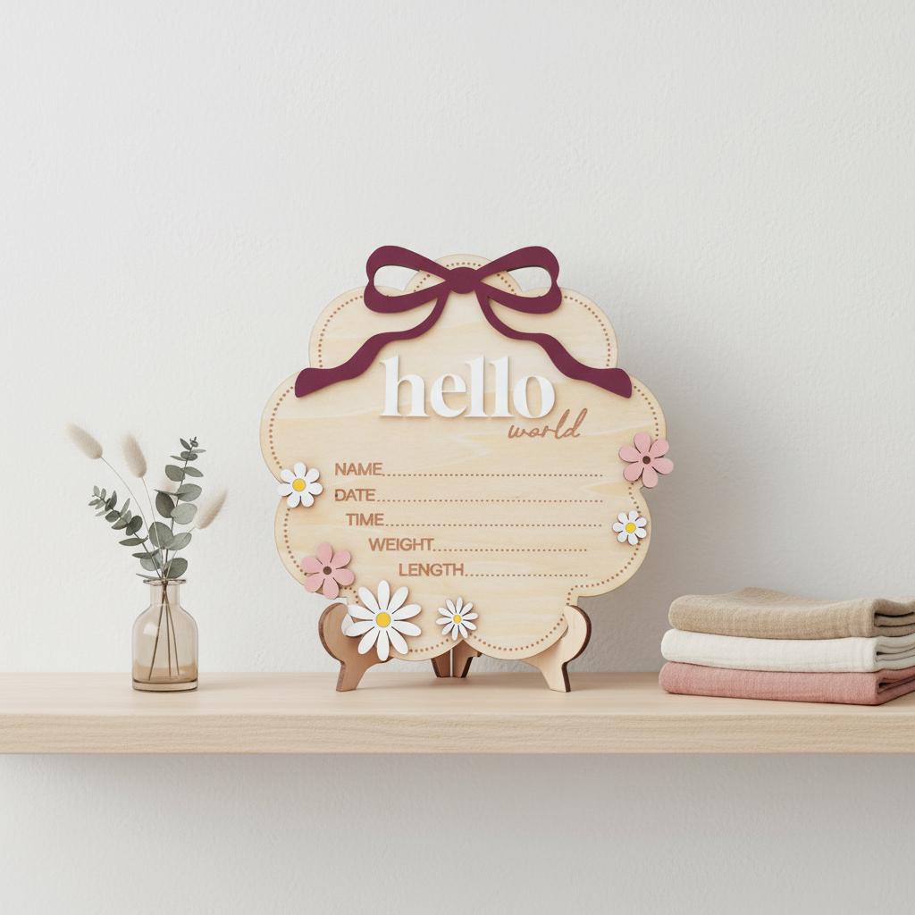 Berry Hello World Wooden Baby Birth Stats Sign Newborn Keepsake