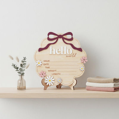 Berry Hello World Wooden Baby Birth Stats Sign Newborn Keepsake