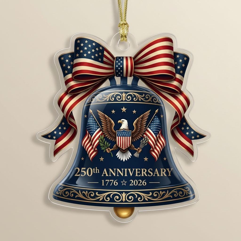 Semiquincentennial Gift 2026 USA 250th Anniversary Ornament Navy Blue Liberty Bell Patriotic Eagle Decor American Flag Bow