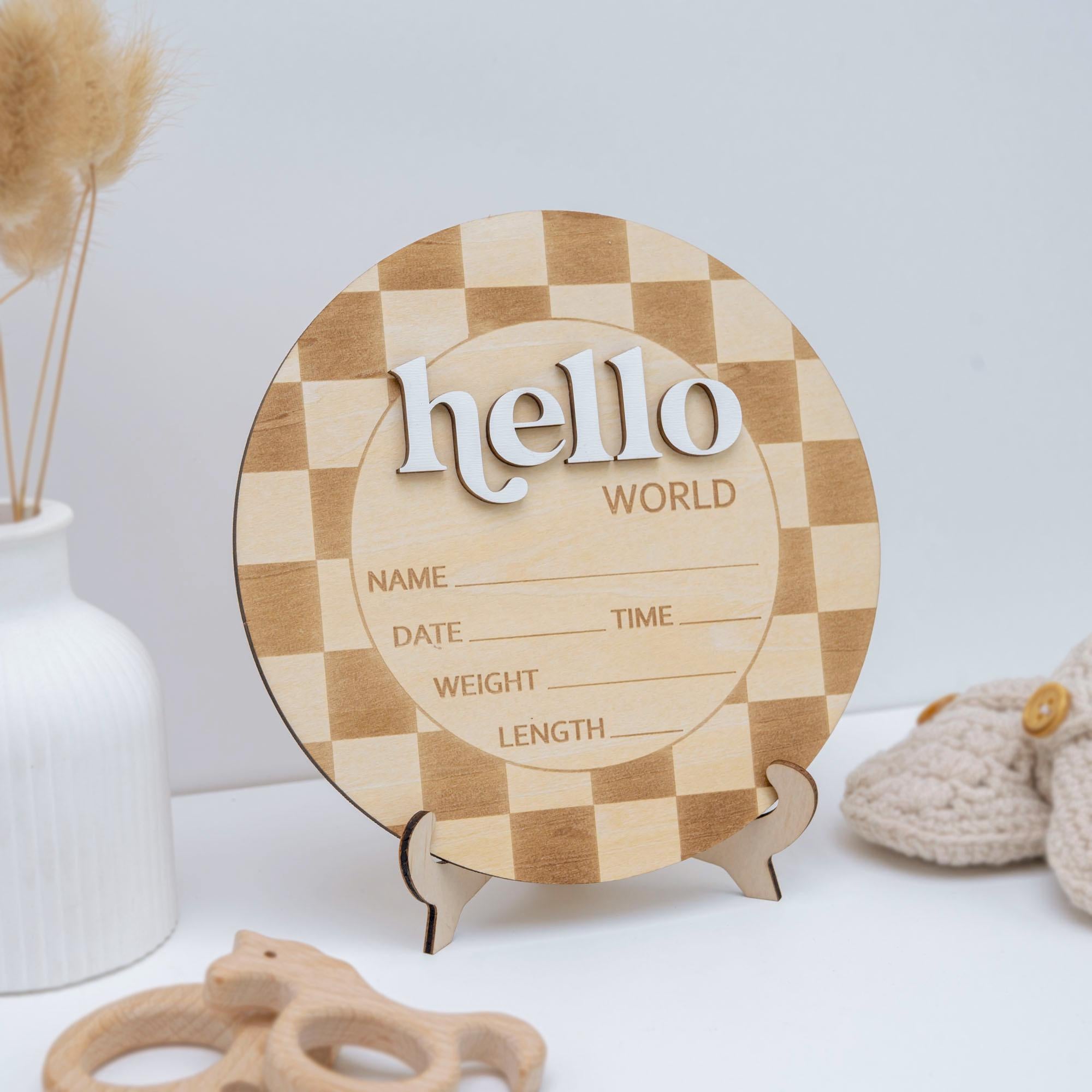 Checkered Hello World Sign, Wooden Baby Announcement, Layered Birth Stat Sign, Birth Stat Plaque, Retro Nursery Decor, Name Announcement