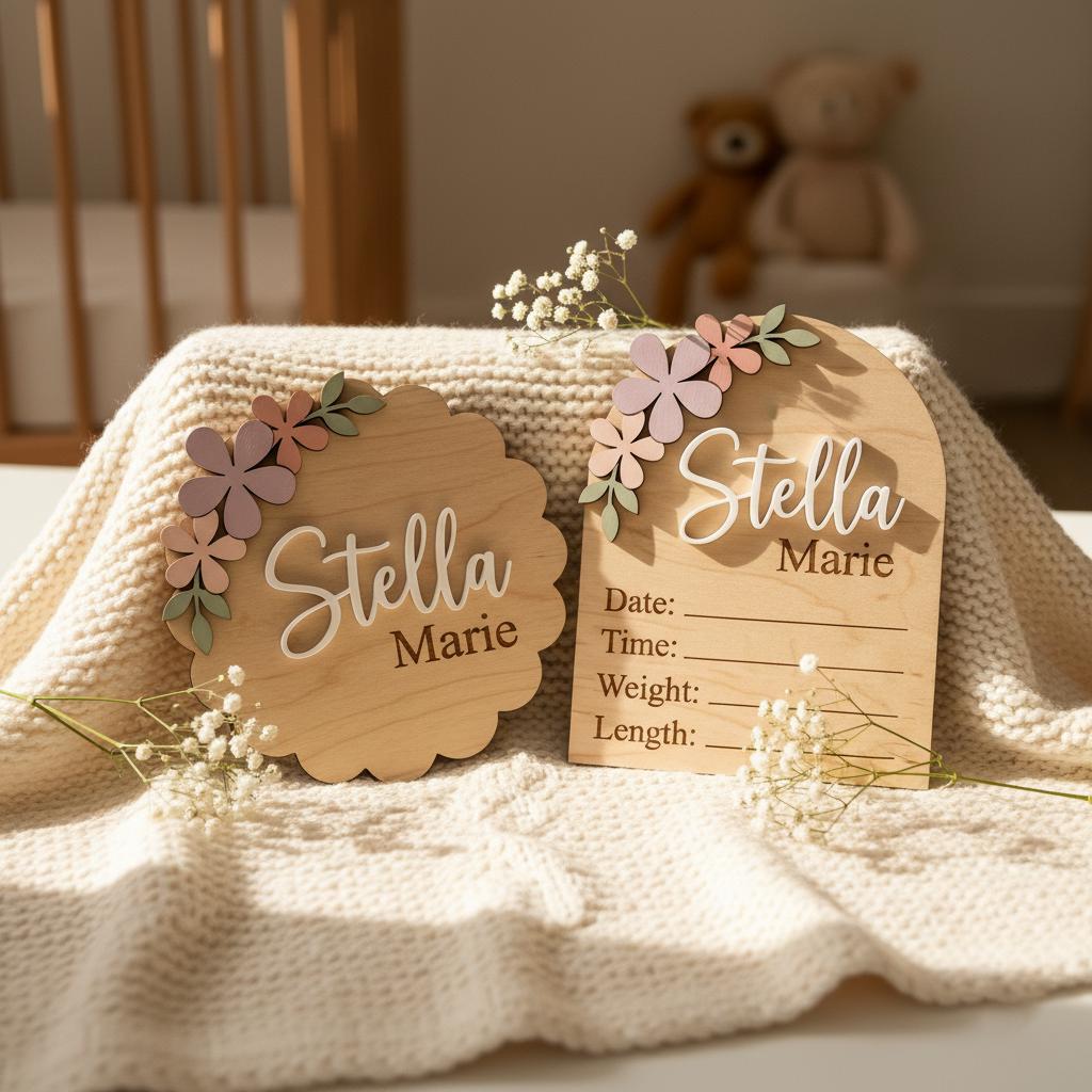 Pastel Floral Birth Stats Sign | Multi Style Arch or Scallop Wooden Plaque | 3D Name Baby Girl Announcement | Nursery Photo Prop