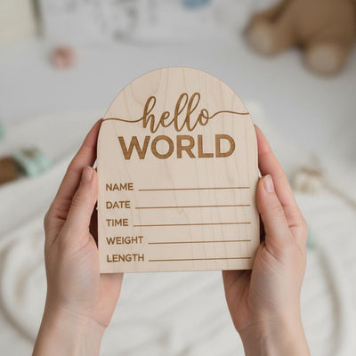Hello World Wooden Baby Birth Announcement Sign, Newborn Photo Keepsake