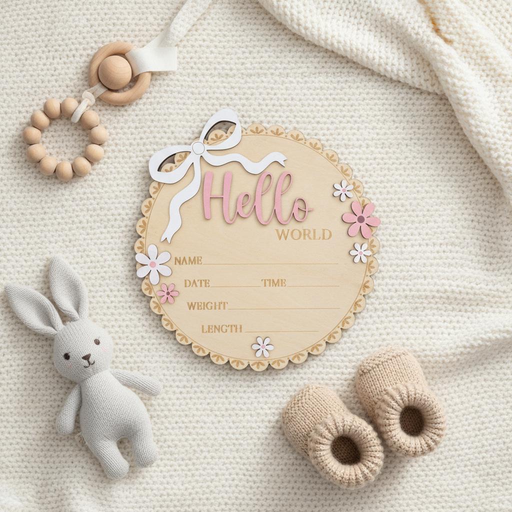 Neutral Baby Girl Hello World Sign Wooden Floral Nursery Keepsake
