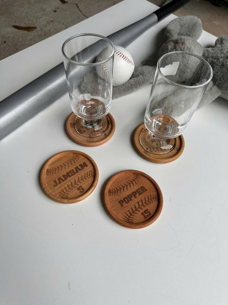 Personalized Baseball Wooden Coasters: Custom Name & Number
