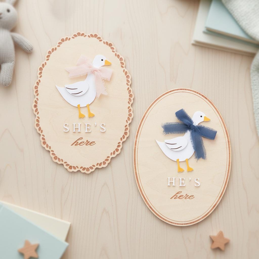 He’s Here She’s Here Wooden Baby Announcement Signs