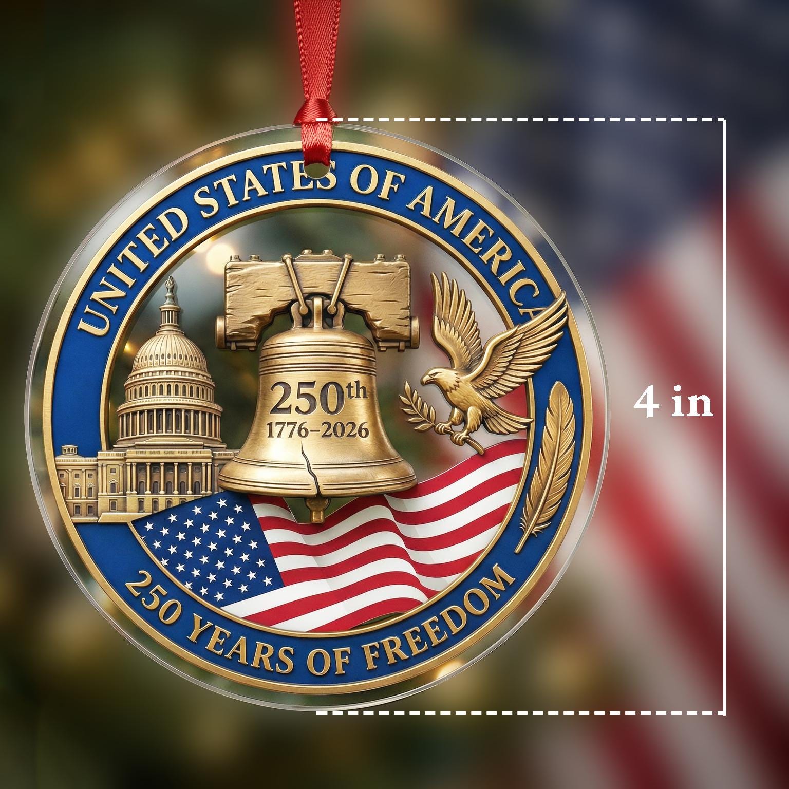 America 250th Ornament, Semiquincentennial Patriotic Bow Gift, 1776-2026 USA Flag Acrylic Keepsake, Stars and Stripes Decor